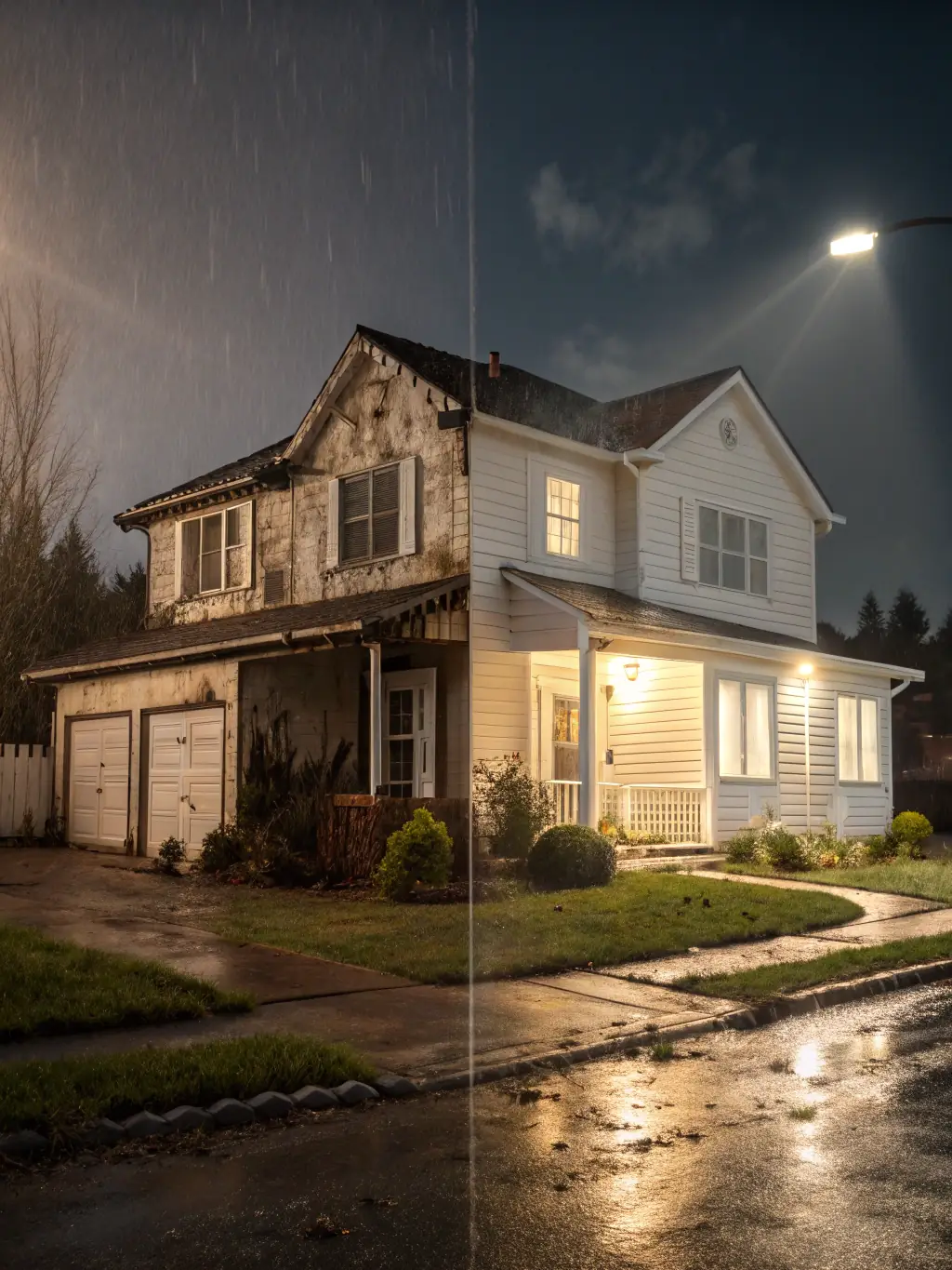 A before-and-after shot of a house siding, clearly demonstrating the transformative effect of Royal Wash's power washing service.